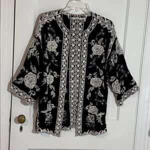 Soft Surroundings Black Open Front Kimono with Cream Embroidery, Size L/XL, EUC